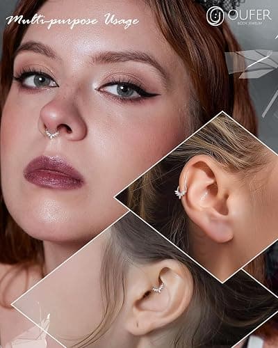 OUFER 16G Septum Rings Hoops, 316L Stainless Steel Septum Piercing Jewelry, Paved Shiny Clear CZ Cartilage Earrings, Helix Conch Daith Piercing Jewelry for Women and Men thumbnail 6