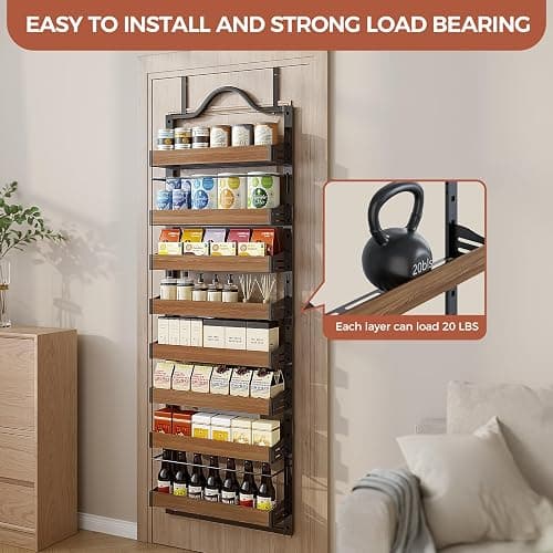 Freexployer 8-Tier Spice Rack Wall Mount, Heavy-Duty Over the Door Pantry Organizer with Wooden Adjustable Basket, 2 IN 1 Wall Mount or Hanging Pantry Door Organizer,Door Spice Rack for Pantry, Black thumbnail 5