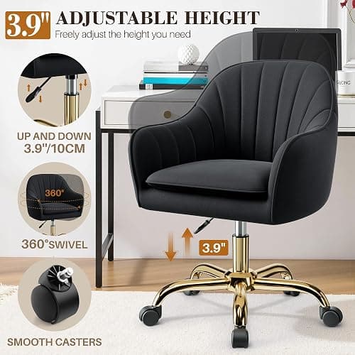 BestEra Vanity Chair with Wheels, Comfy Home Office Desk Chairs Adjustable Modern Velvet Makeup Vanity Chairs for Bedroom Living Room-Black thumbnail 7