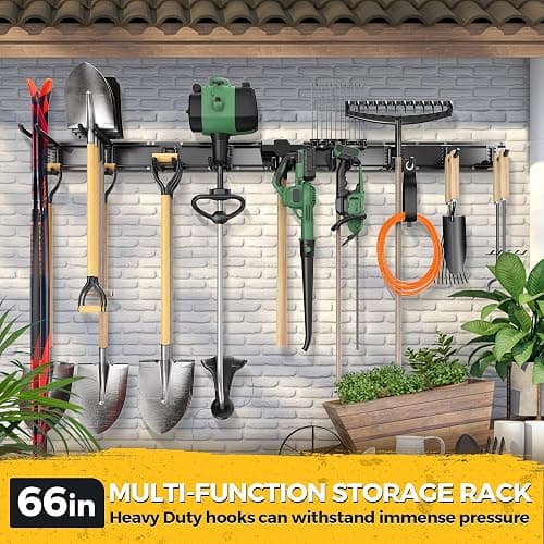 LBT 66" Garage Tool Organizer Wall Mount - 720lbs Garden Tool Organizer with Adjustable Hooks, Heavy Duty Metal Garage Storage Rack, Anti-Rust Shed Rack Holder Hanging Rake Broom Mower Snowboard thumbnail 7