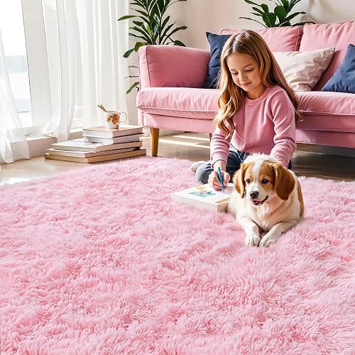 5x7 Pink Shag Rug for Girls Bedroom, Soft Plush Fluffy Carpet | Area Rug for Living Room, Kids Nursery, Boys Dorm Room, Washable Non Slip Shaggy Floor Carpet thumbnail 2