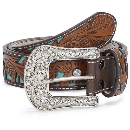 XZQTIVE Women Men Genuine Leather Belt Vintage Ladies Western Belt Engraved Tooled Leather Belt Cowboy Cowgirl Country Belt thumbnail 3