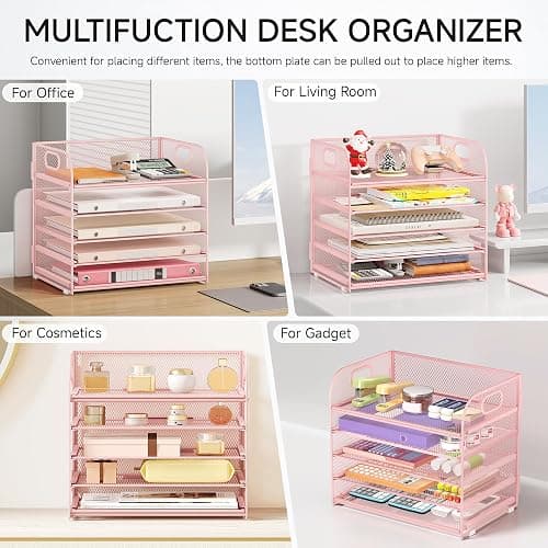 5 Tray Paper Organizer Letter Tray with Handle - Mesh Desk File Organizer, Paper Sorter Organizer for Office, Home or School File Folder Holder - Pink - 5 Tier - Pink thumbnail 6