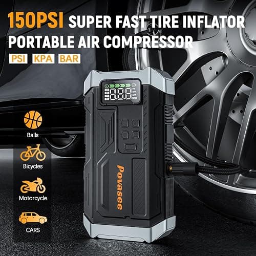 [2025NEW Model] 5000A Jump Starter with Air Compressor,Battery Jumper Starter Portable with 150PSI Tire Inflator 12V Jump Box with LCD Display,Flashlight,Storage Case (Up 9L Gas/8L Diesel Engine thumbnail 3