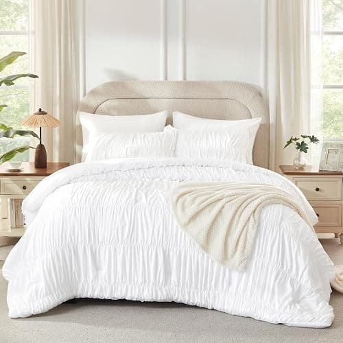 Andency Ruched White Queen Comforter Set, Shabby Chic Pleated Bedding Sets 3 Pieces, Lightweight Soft Boho Ruffle Bed Set for Girls, Kids, Women, All Season thumbnail 4