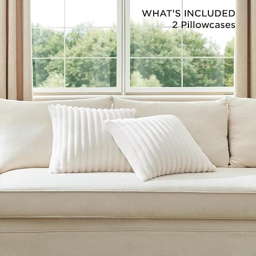 Bedsure Double-Side Striped Decorative Throw Pillow Covers 18x18 Set of 2, Spring White Fluffy Soft Pillow Covers, Home Decor for Couch Sofa Living Room Bedroom thumbnail 2