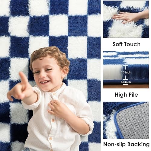 KICMOR Navy Blue and Cream White Rugs for Living Room, 4x6 Fluffy Fuzzy Shag Checkered Rug Shaggy Carpet for Bedroom, Soft Plush Area Rug for Nursery Toddler Room Classroom Study Room Kids Room thumbnail 2