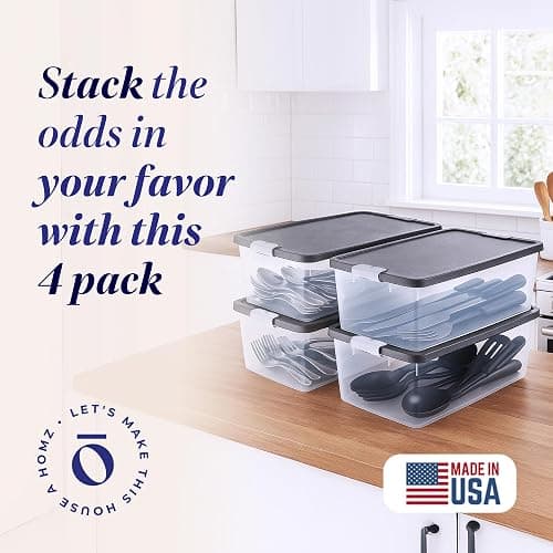 HOMZ 4-Pack Secure Latch, Clear Plastic Storage Organizer Bins, 15 Quart, Gray Lid - Stackable Container Boxes for Bedroom, Bathroom, Garage, and Office Organization thumbnail 3