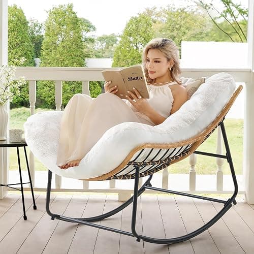 ONBRILL Outdoor Rocking Chairs, Oversized Papasan Rocking Chair Indoors with Padded Cushions, Rattan Wicker Lounge Chair for Living Room, Porch, Patio, Garden thumbnail 7