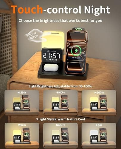 6-in-1 Wireless Charging Station, Charger Stand for Apple Multiple Devices, for iPhone 17 16 15 14 13 12 Pro Max Watch Airpods, Wireless Charger iPhone Charging Station with Night Light/Alarm Clock thumbnail 3