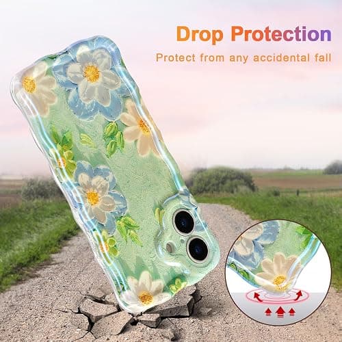 EYZUTAK Case for iPhone 17, Colorful Retro Oil Painting Flower Laser Glossy Pattern Cute Curly Wave Edge Exquisite Phone Cover Stylish Durable TPU Protective Case for Girl Women - Blue White thumbnail 3