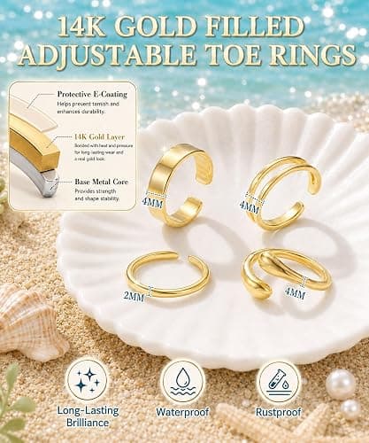 TOSGMY 4Pcs Toe Rings for Women Non Tarnish 14K Gold Filled Toe Ring Adjustable Flower CZ Band Wave Dainty Toe Ring Summer Beach Open Toe Rings Set Waterproof Toe Jewelry Foot Jewelry thumbnail 2