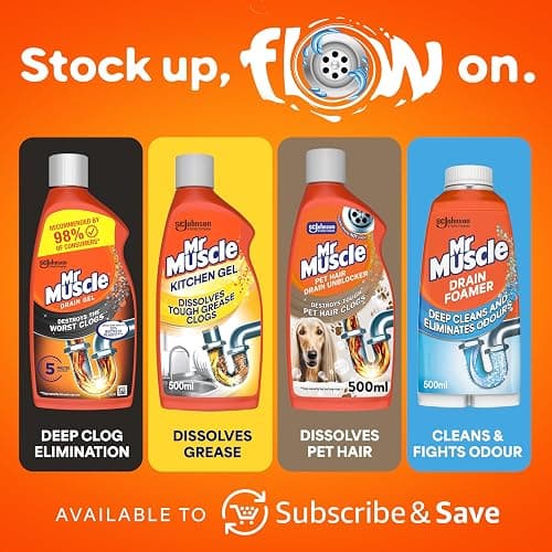 Mr Muscle Drain Unblocker 2x1L, Heavy Duty Fast Acting Gel Sink Unblocker | Heavy-duty drain gel dissolves stubborn clogs fast, works 3x better than bleach and is safe for all pipe types. thumbnail 9