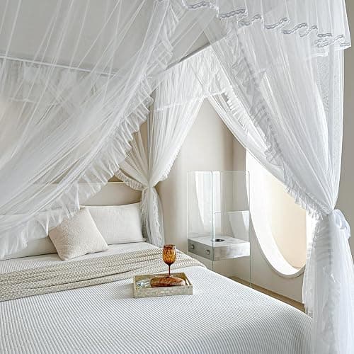 AIKASY 4 Corners Post Ruffle Princess Bed Canopy Curtain - Double Layer Cozy Drape Netting with 4 Openings - Elegant Mosquito Net for Girls and Adults Bedroom Decoration (White, Queen) thumbnail 6