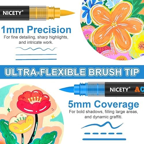 NICETY Set de 264 Feutres Acryliques à Pointe Pinceau - Marqueurs Peinture à l'Eau Multi-Supports pour Pierre, Bois, Céramique, Verre - Pointe Flexible 1-6mm pour Artistes, Débutants et Adultes thumbnail 3