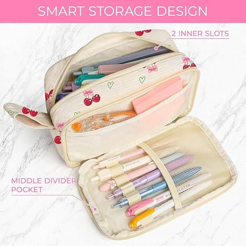 WOBAGMEN Cute Pencil Case for Girls,Large Corduroy Zippered Pencil Case Pouch, Aesthetic Pencil Bag with Compartments, Soft Pencil Pouch School Supplies for Teen Girls Boys and Women(Cherry) thumbnail 6