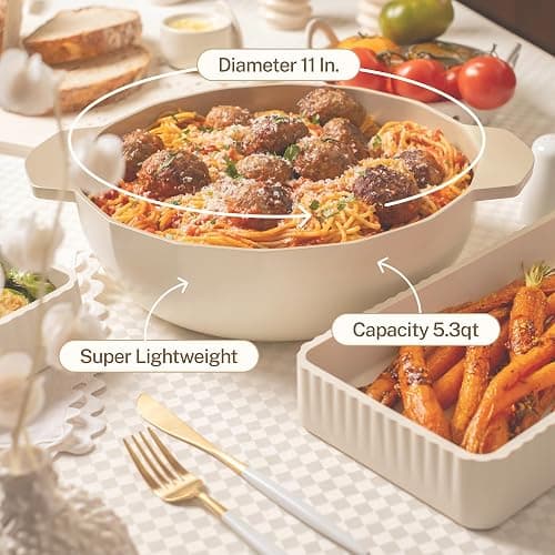 Cravings by Chrissy Teigen The Perfect Pan 5.3 Qt Dutch Oven Pot with Lid, Nonstick Lightweight Aluminum Everyday Pot with Steamer/Strainer Insert, Oven & Stovetop Safe (White) thumbnail 7
