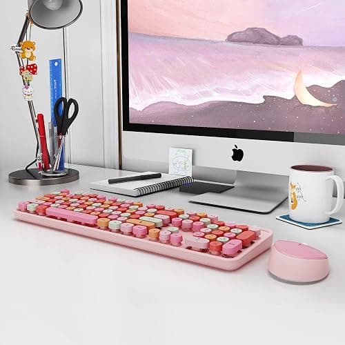 KOOTOP Cute Pink Wireless Keyboard and Mouse, 2.4G Retro Round Keycap for PC, Mac, Laptop, Tablet, Computer Windows thumbnail 8