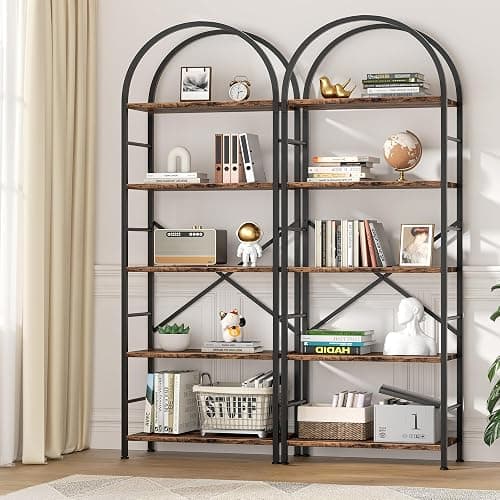 Shintenchi Bookshelf, Arched Bookshelf 5 Tier Bookcase, Tall Shelf for CDs/Books, Home Office Shelf Storage Organizer, Modern Book Shelf for Bedroom/Living Room, Rustic Brown thumbnail 3