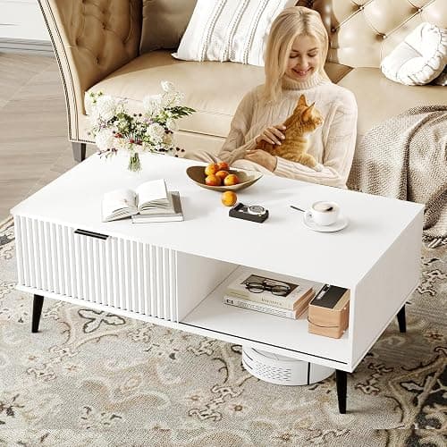 41.34''D Coffee Table, 2-Tiers Farmhouse Coffee Tables With Storage and Sliding Wave Pattern Door, Modren Tea Table, Wooden Dining Center Tables for Living Room, Office, Bedroom, Outdoors, White - White thumbnail 7