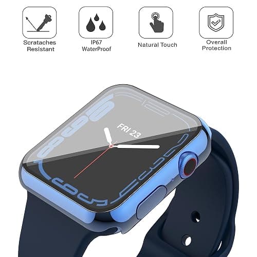 Misxi [2 Pack Waterproof Anti-Scratch Case with Button for Apple Watch Series 9 (2023) Series 8 Series 7 45mm, Hard PC Cover with Tempered Glass Screen Protector for iWatch, 1 Blue + 1 Transparent thumbnail 4