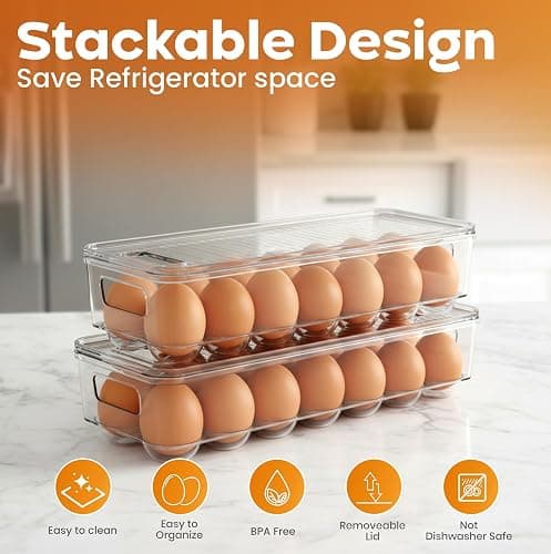 Utopia Home Egg Container With Lid and Handle for Refrigerator Organization- Pack of 2 - Clear Stackable Egg Holder for Kitchen or Pantry Organizers and Storage thumbnail 5