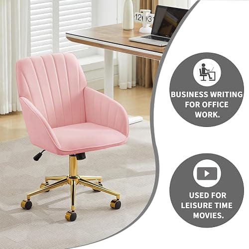 YISHENG Velvet Office Desk Chair with Gold Base, with Wheels,Modern Height Adjustable 360 Degree Swivel Upholstered Vanity Chairs with Arms for Living Room Bedroom,Pink thumbnail 8