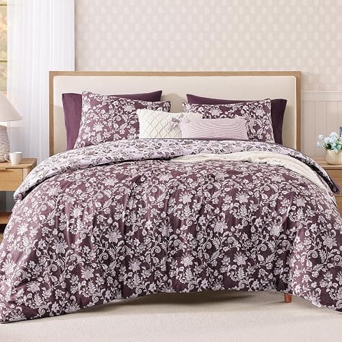 BLOOMHAVEN Queen Comforter Set -7 Pieces Floral Dark Purple Comforter Set for All Seasons, Bed in a Bag Queen with Botanical Flowers Comforter, Sheets, Pillowcases & Shams - Image 1