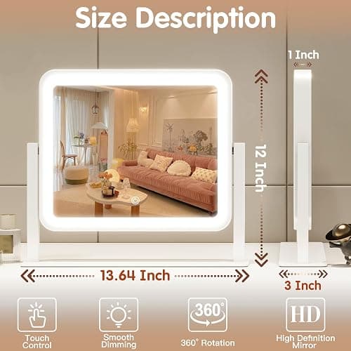 FENNIO Vanity Mirror with Lights 14"×12" Makeup Mirror with Lights,Lighted Vanity Mirror Tabletop,Smart Touch with 3-Color Lighting,Dimmable,for Vanity Desk Tabletop thumbnail 2