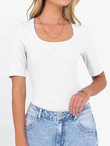 ANRABESS Womens Half Sleeve Tops Scoop Neck Ribbed Knit Slim Fitted Basic Tee Shirts Summer 2026 Trendy Spring Casual Clothes thumbnail 2