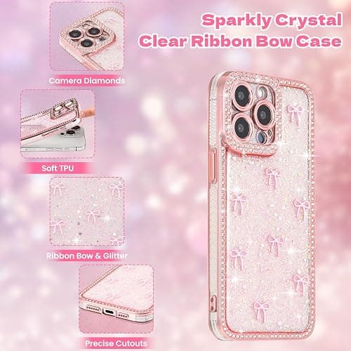 FABSPARK Case for iPhone 12 Pro Max,3D Pink Ribbon Bow,Crystal Clear Glitter Diamond Rhinestone Sequin Shiny Sparkly Bling,Aesthetic Transparent Soft for iPhone 12 Pro Max Case - Pink/Pink Bow thumbnail 2