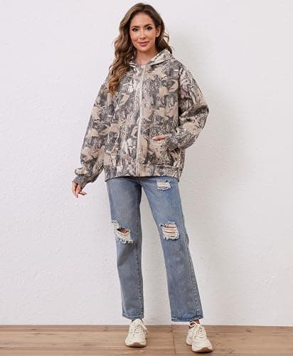 Eutten Womens Camo Zip Up Hoodie Long Sleeve Maple Leaf Print Oversized Hooded Jacket Fleece Full Zip Sweatshirt with Pockets thumbnail 5