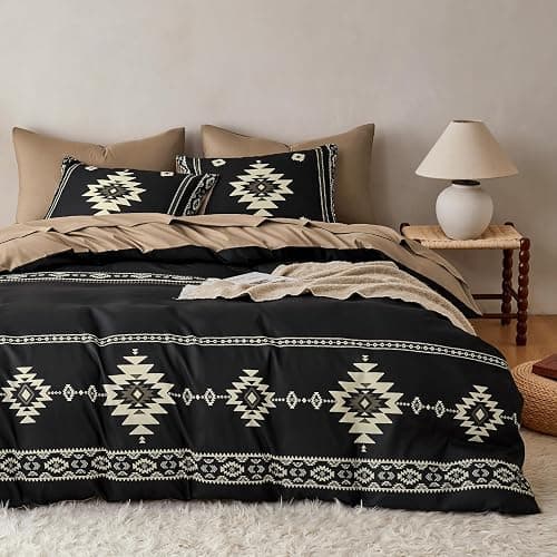 Wake In Cloud - Western Comforter Set, Boho Southwestern Farmhouse Style with Aztec Diamond Geometric Pattern, Soft Lightweight Bedding, 3 Pieces, Black Brown, Queen Size - Image 1