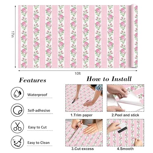 FYSUIMU Floral Striped Peel and Stick Wallpaper Roll Vintage Pink Rose Flower Stripe Contact Paper Self-Adhesive Wall Decoration for Farmhouse Home Bedroom Bathroom, 17 in x 10 Ft thumbnail 3