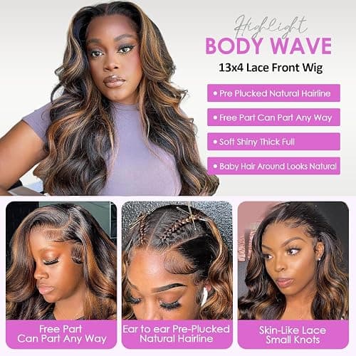 Vemalin Highlight Ombre Lace Front Wig Human Hair Body Wave Lace Front Wigs Human Hair Pre Plucked 13x4 1B/30 Brown Highlight Wig 200 Density Colored 26 Inch Balayage Wigs for Women thumbnail 4