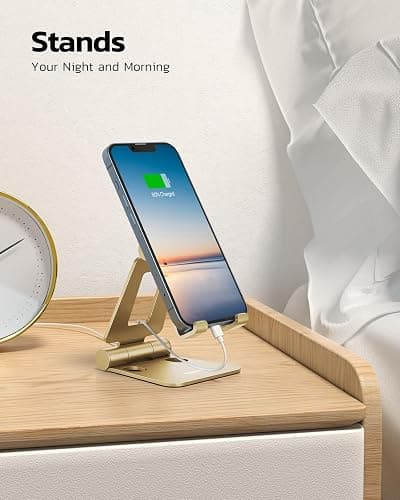 Nulaxy Dual Folding Cell Phone Stand, Fully Adjustable Foldable Desktop Phone Holder Cradle Dock Compatible with iPhone 17 16 15 14 13 12 11 Pro Xs Xs Max Xr X 8, Nintendo Switch, All Phones - Gold thumbnail 3