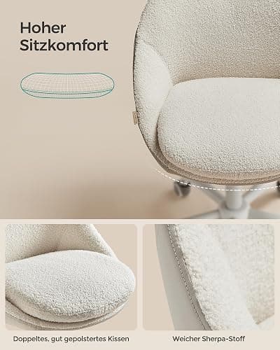 SONGMICS Homeoffice Stuhl, Schminkstuhl aus Sherpa, Schreibtischstuhl, Schaumstoffpolsterung, höhenverstellbar, für Arbeitszimmer, Schlafzimmer, cappuccinobeige-wolkenweiß OBG020W01 thumbnail 6