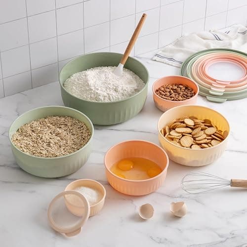 COOK WITH COLOR Prep Bowls with Lids- Wide and Deep Nesting Plastic Small Mixing Bowl Set with Lids, 12 Piece Set - Wide Bowls, Mint/Pink thumbnail 6