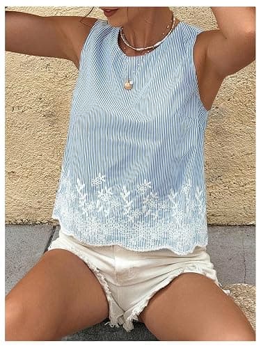 MakeMeChic Women's Striped Floral Blouse Crew Neck Embroidery Sleeveless Summer Tops thumbnail 5