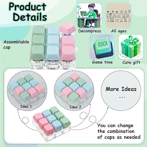 Keyboard Fidget Toy, Keyboard Fidget Keychain 9-in-1 Keyboard Decompression Button Finger Clicker Toys Stress Relief Fidget Gifts (3 Colors- Pink Blue Green) thumbnail 4