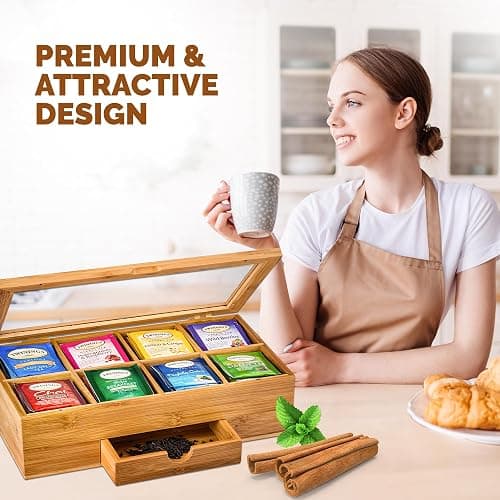 Tea Bag Organizer - Christmas Gift Bamboo Tea Box Organizer Storage Box, Tea Bag Holder with Drawer & Acrylic Window, Magnetic Lid Keeps Tea Bags Fresh - Tea Organizer Caddy (Tea Not Included) thumbnail 9