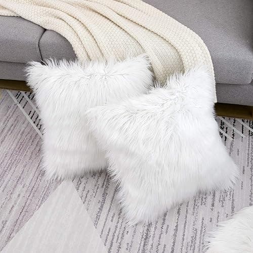 WLNUI Set of 2 White Christmas Decorative Fluffy Pillow Covers New Luxury Series Merino Style Faux Fur Throw Pillow Covers Square Fuzzy Cushion Case for Sofa Bedroom Living Room Home Decor 18x18 Inch thumbnail 3