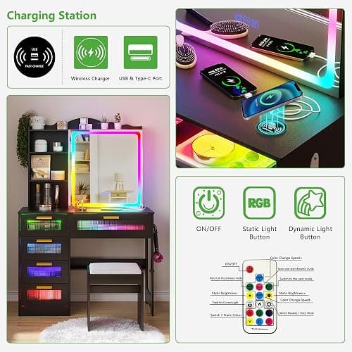 HNEBC Vanity Desk with Sliding Mirror and LED Lights, RGB Vanitys with Charging Station, Makeup Vanitys with Remote Control, White Dresser with Stool/Lager Drawers for Bedroom (Black) thumbnail 4
