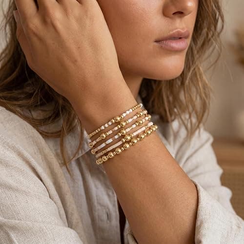 SHINUS BOHO 14K Gold Plated Pearl Beaded Cross Bracelets Stack Set for Women,Stretch Boho Colorful Christian Beads Ball Jewelry Friendship Summer Trendy Gift thumbnail 3