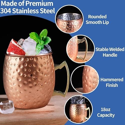 LINALL Moscow Mule Copper Mugs- Set of 4 Copper Plated Stainless Steel Mug 18oz, for Chilled Drinks (4 pcs) thumbnail 4