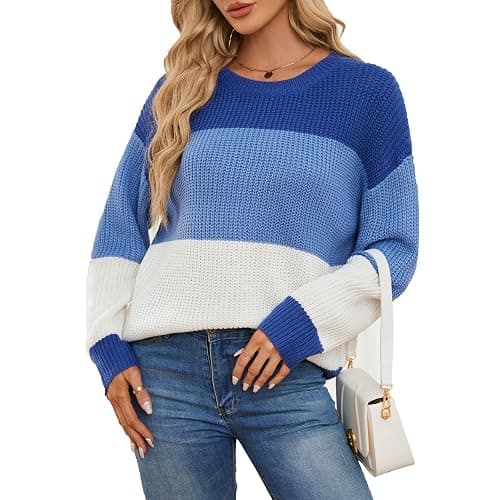 QIANSIQIANBO Women's Striped Color Block Sweater Long Sleeve Crewneck Casual Loose Fit Soft Knit Sweater Pullover Tops - Image 1