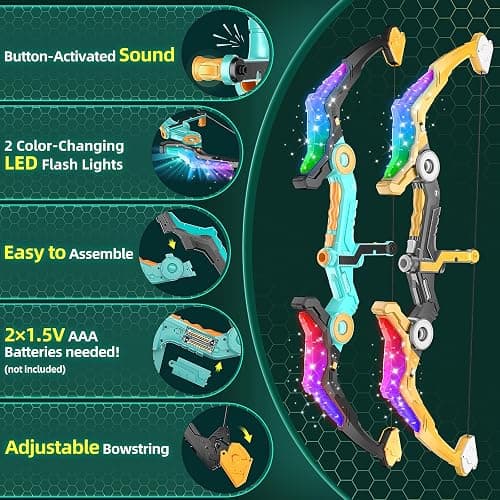 2 Packed Kids Bow and Arrow Set with Sound Effects & LED Flash Lights Achery Set, Indoor Outdoor Toys for Ages 4-8 8-12, Birthday Gifts for 3 4 5 6 7 8 9 10 11 12 Year Old Boys Girls Children, Yellow thumbnail 3