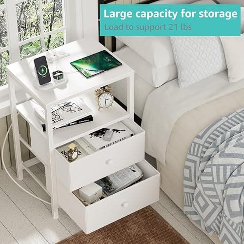 BOLUO White Nightstand with Charging Station, LED Night Stand with 2 Fabric Drawers, Bedside Table with USB Ports and Outlets, Nightstand for Bedroom Modern thumbnail 4