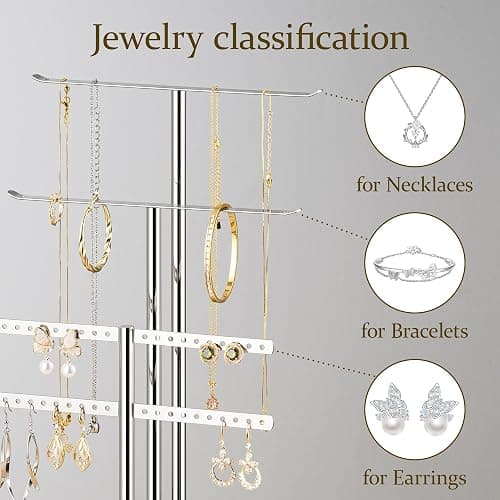 pickpiff Silver Jewelry Stand Holder Organizer: 14.5" Sturdy Hanger for 80 Pcs Jewelry, Jewlery Tower for Display Necklace, Earring, Bracelet, Watch thumbnail 4
