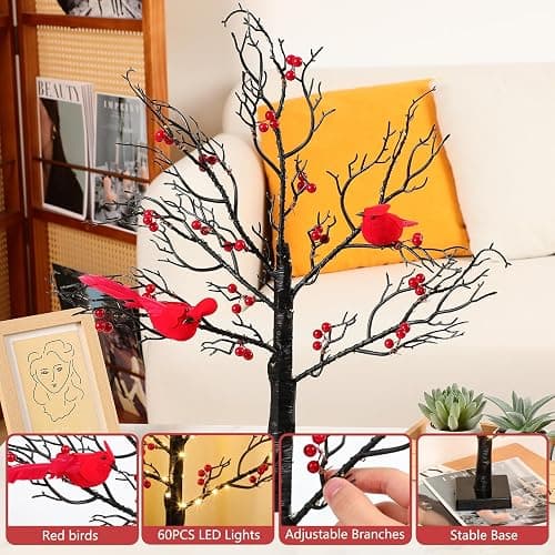 Vintage Glowing Tree with Cardinals and Berries, LED Cardinal Tree Lamp, Indoor Christmas Decorations with Lighted Branches, Vintage Christmas Decor for Home thumbnail 4